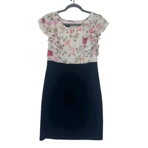 Women’s Alex Size 6 Black Ponte Knit Skirt w White Floral Blouse Like Bodice
